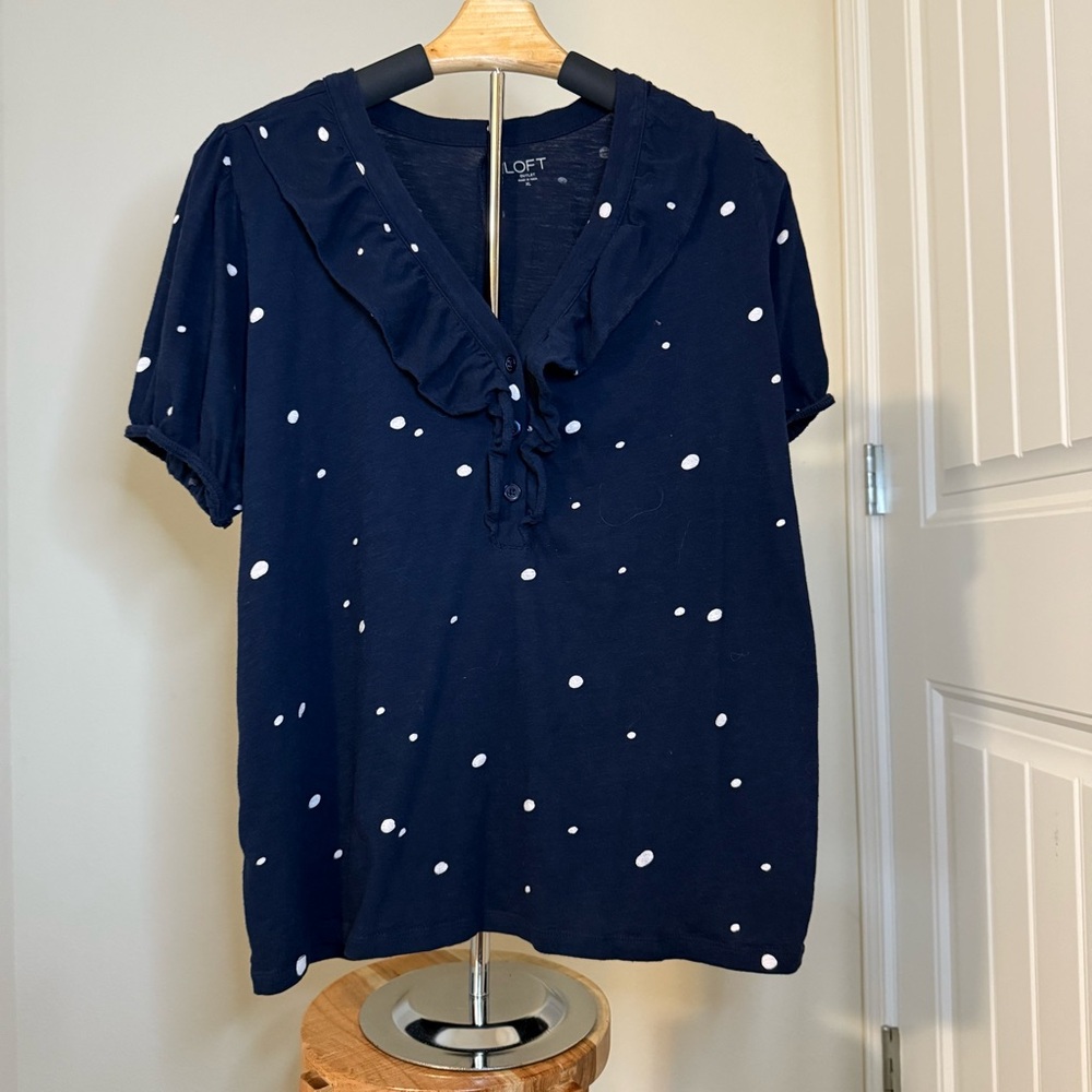LOFT Navy Polka Dot Ruffle Blouse | White Dot Print | Size XL